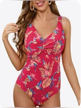 Tropical Twist Canary Pattern Red One-Piece Swimsuit